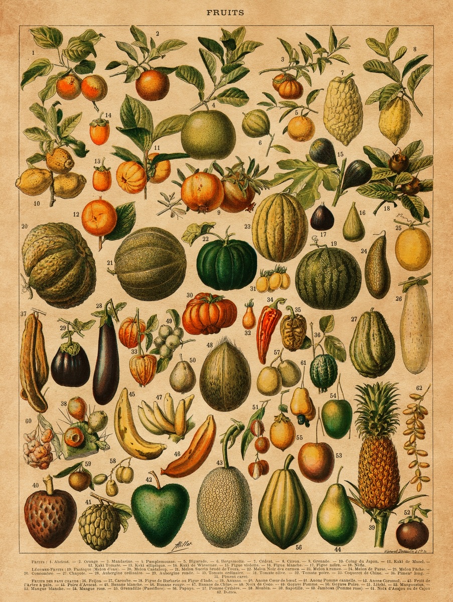 vintage french chromolithograph titled 'fruits' showing 62 numbered botanical specimens including melons, peppers, figs, pomegranates, and a pineapple